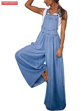 Ripped Denim Overalls Wide Leg Bib Pants Adjustable Straps